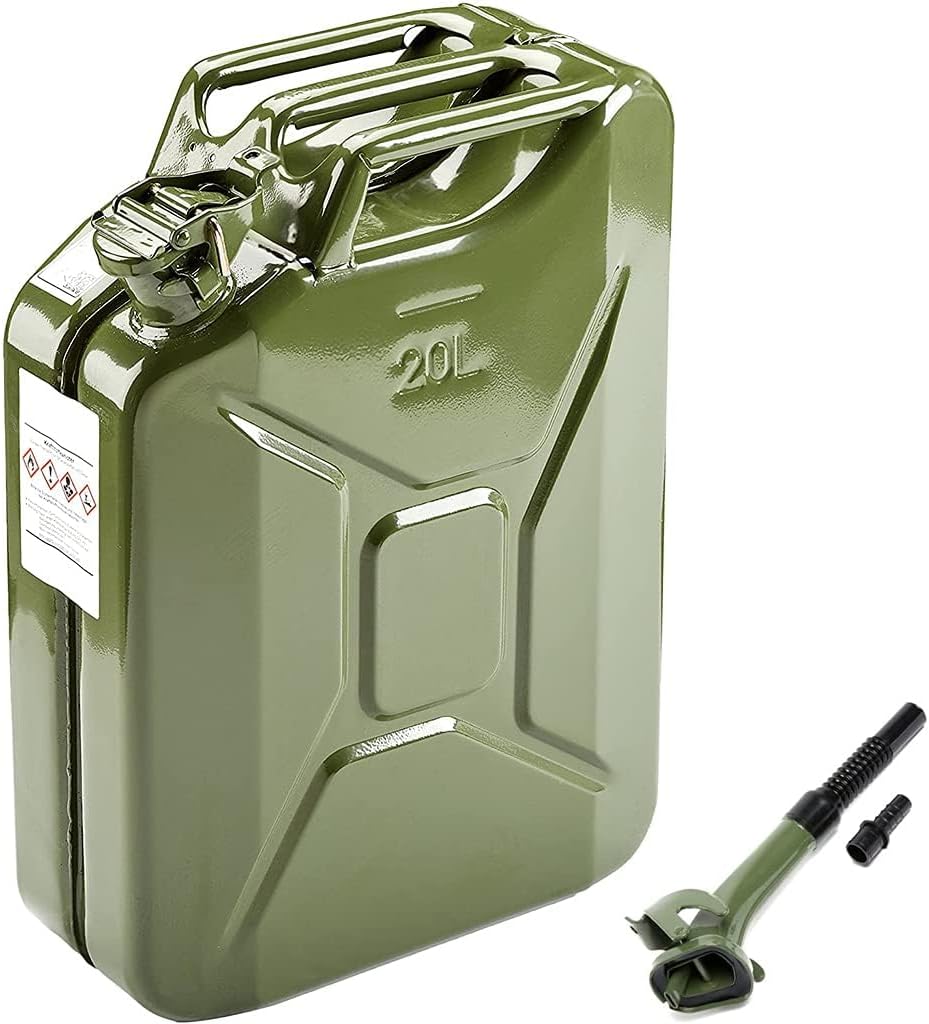 20L 5 Gallon Metal Gas Can Green with Fuel Can and Spout System, US Standard Cold-Rolled Plate Petrol Can, Gasoline Bucket for Motorcycle Dirt Bike UTV SUV ATV (14.6