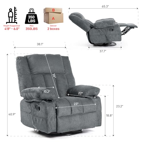 Recliner Chair Massage Fabric Recliners with Heated, 360 Degree Swivel Single Sofa with Cup Holders and Side Pockets Rocking Chair for Living Room
