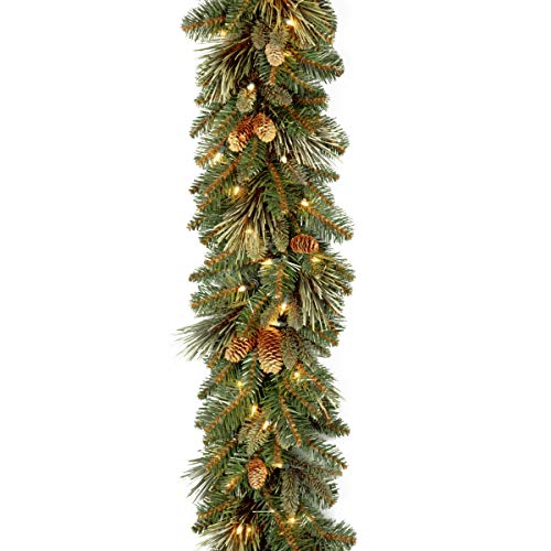 National Tree Company 9 ft Pre-Lit Carolina Pine Artificial Christmas Garland, Christmas Decoration with Pinecones, 100 Clear Lights, 240 Tips, Green