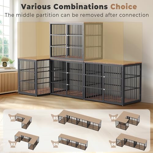94.48'' Dog Crate Furniture Large Breed TV Stand with Double Rooms for 2 Dogs,Wooden Dog Kennel Dog Crate End Table with Removable Divider for Large Medium Dogs, Can Use Separately