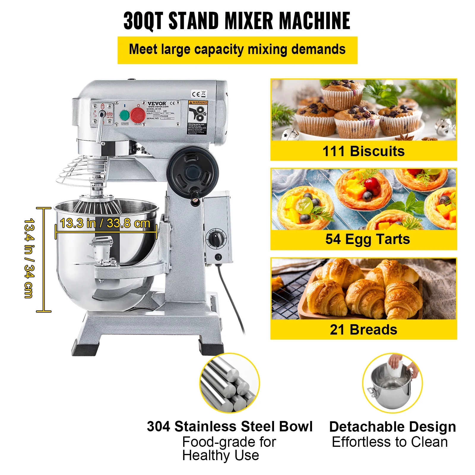 BENTISM Commercial Electric Food Mixer Stand Mixer 30Qt Dough Mixer 3 Speeds 1100W