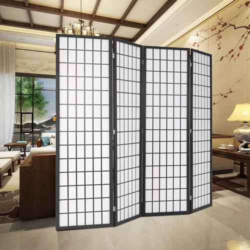 Room Divider 6Ft Folding Oriental Shoji Screen - Portable Privacy Divider with 4 Panels, Freestanding Japanese-Inspired Wood Partition Screen, White