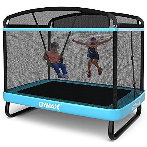 GYMAX Trampoline for Kids, 6FT Toddler Trampoline with Swing & Enclosure Safety Net, ASTM Approved Rectangle Recreational Trampoline for Indoor/Outdoor, Birthday for Baby Boys & Girls