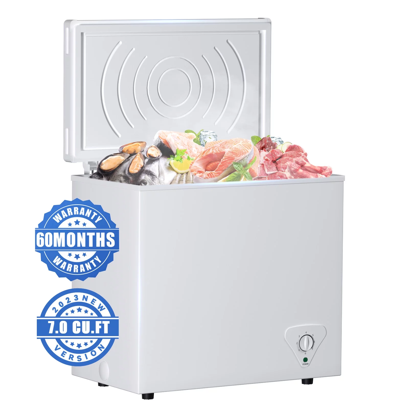 7 Cu. Ft. Chest Freezer with Removable Basket, Fast Freeze Small Deep Freezer, Adjustable 7 Thermostat Free Standing Top Door Compact Freezer for Homes, Apartments, Garages and RVs