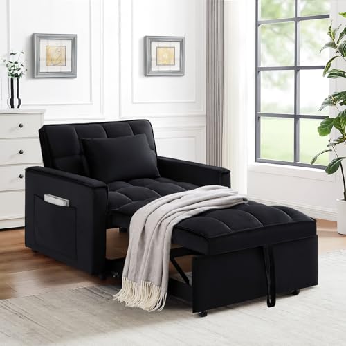 Sleeper Chair Bed,3 in 1 Convertible Sleeper Sofa,Velvet Tufted Upholstered Single Sofa Bed with Adjustable Backrest,Pull Out Recliner Lounger Bed for Living Room,Office,Apartment,Small Space(Grey)