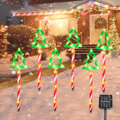 Solar Christmas Pathway Lights Outdoor Decorations, Christmas Decorations, 8 Modes Xmas Tree Candy Lights Waterproof Led Garden Stake Light for Walkway Yard Lawn Porch Holiday Decor-6 Pack