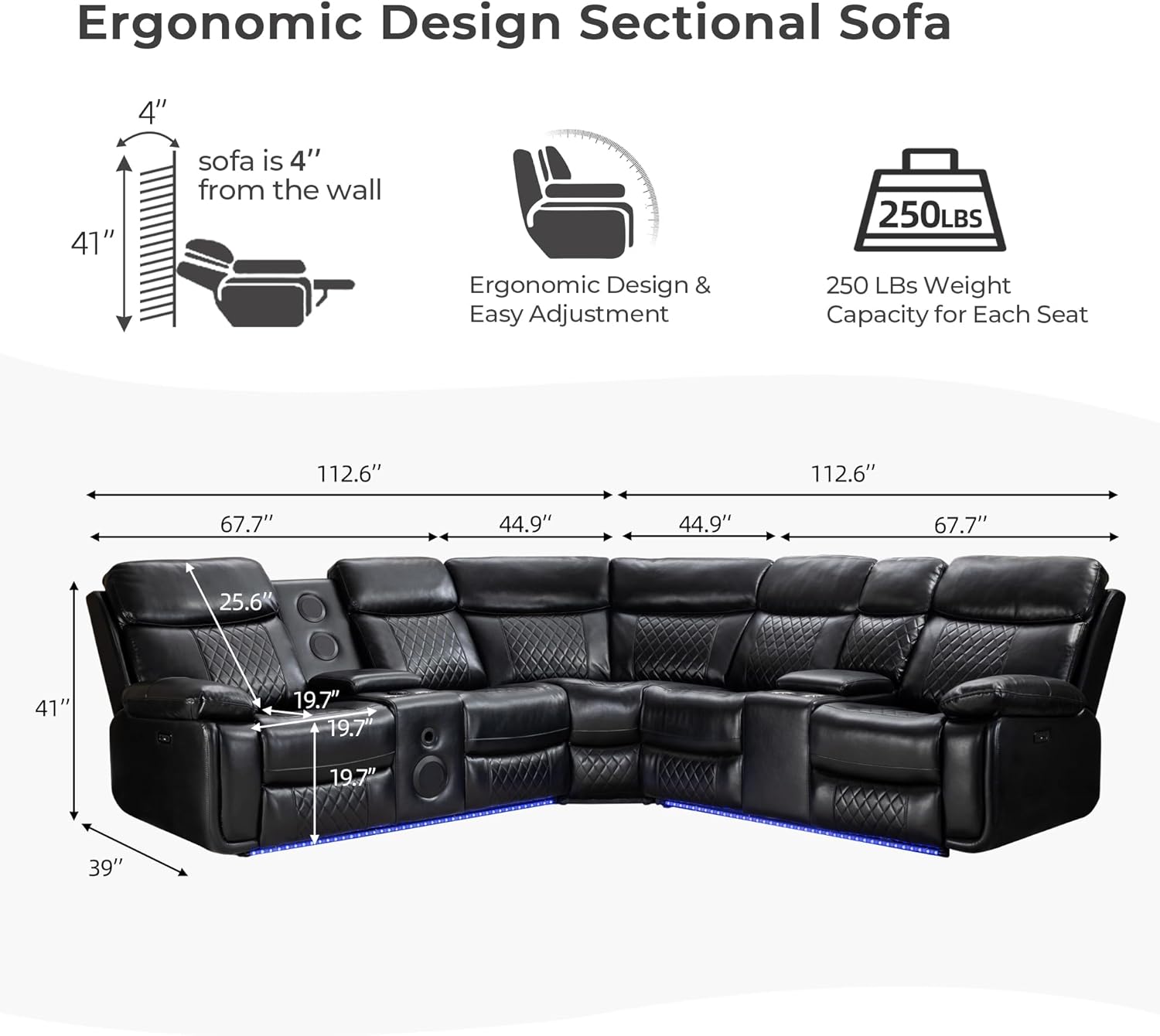 Power Reclining Sectional with Bass Speaker LED Light Recliner Faux Leather Reclining Sectional Couch Sofa Electric L-Shape Sectional Recliner USB Port,Cup Holder,Storage Console for Living Room Black