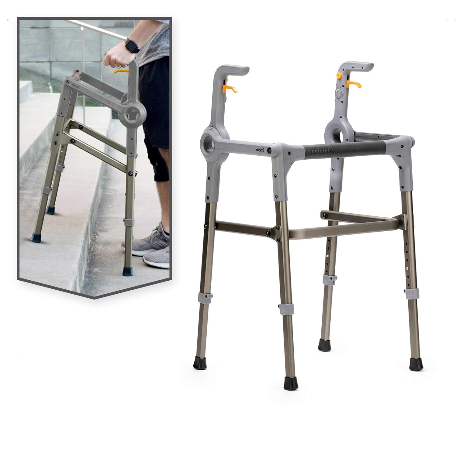 Roami Progressive Mobility Aid, Walker and Self-Adjusting Step Assist, For Going Up and Down Stairs, Ramps, and Steps, Folding and Adjustable, Rehabilitation Aid for Adults or Seniors, Rose Gold