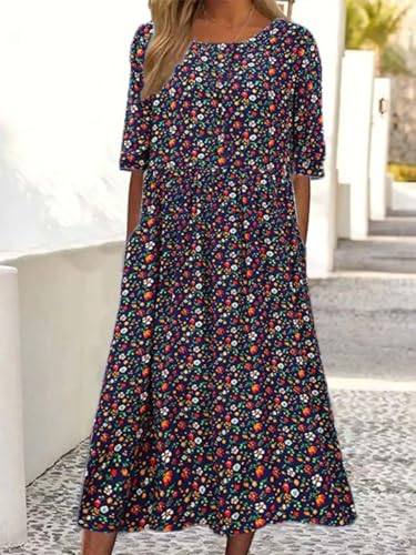 Women's Boho Floral Flowy A Line Midi Dress Casual Loose Summer Short Sleeve Beach Vacation Dresses with Pockets