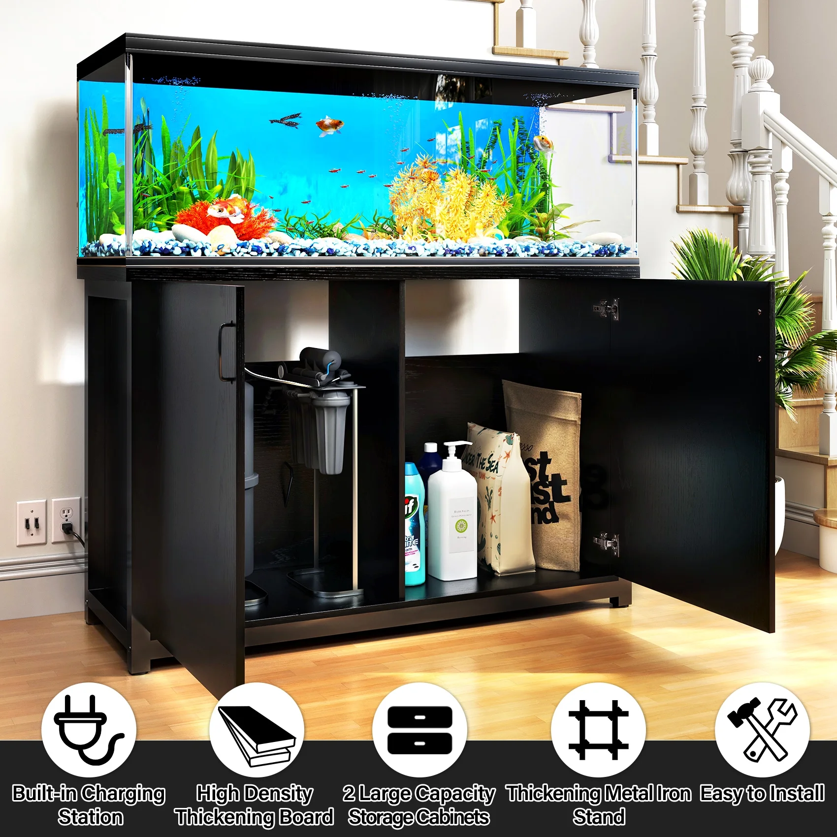 TC-HOMENY 55-75 Gallon Aquarium/Fish Tank Stand with Cabinet and Charging Station/Power Outlets, Black