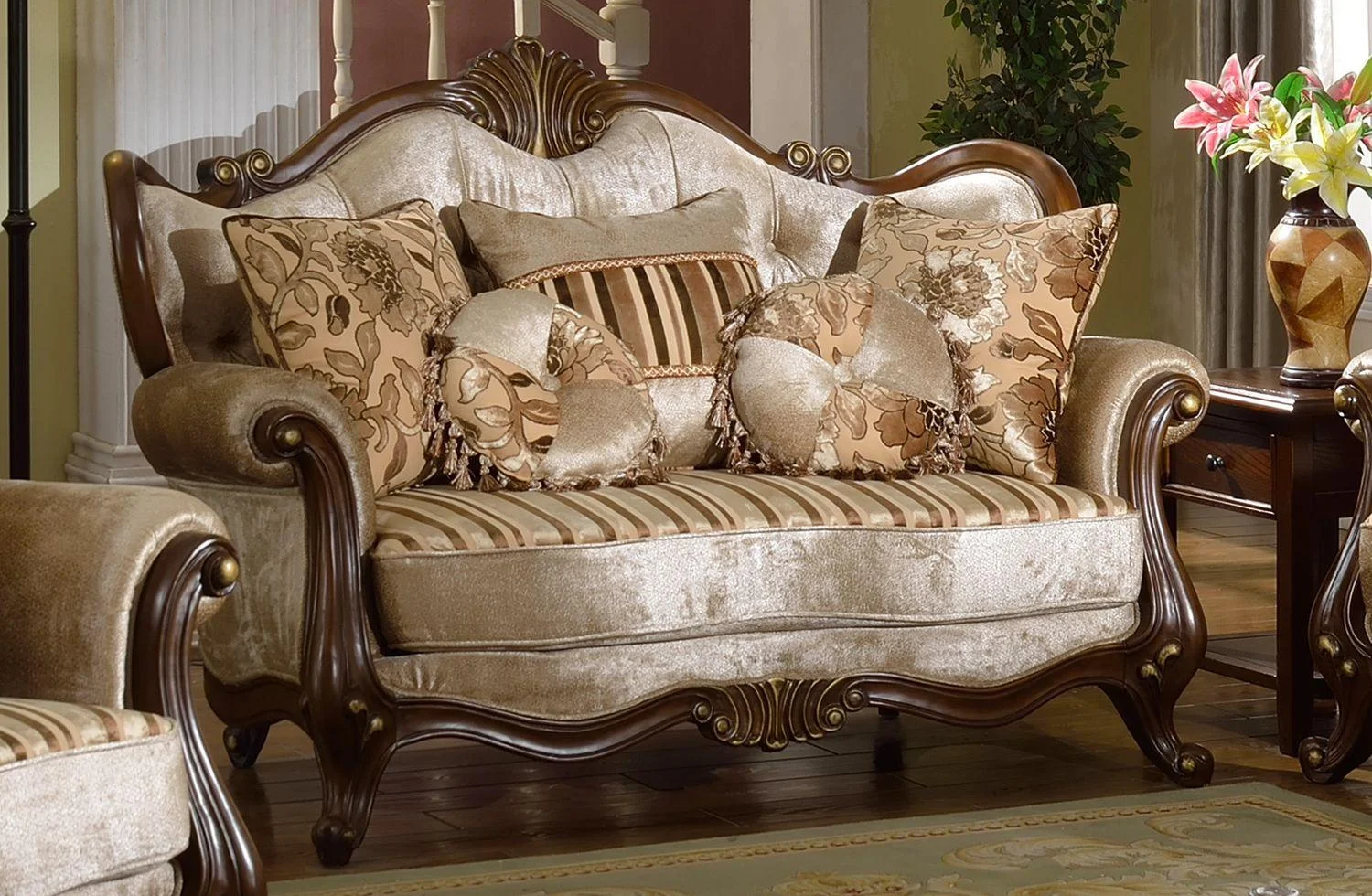 French Beige Chenille Cherry Carved Wood Loveseat McFerran SF8700 Traditional