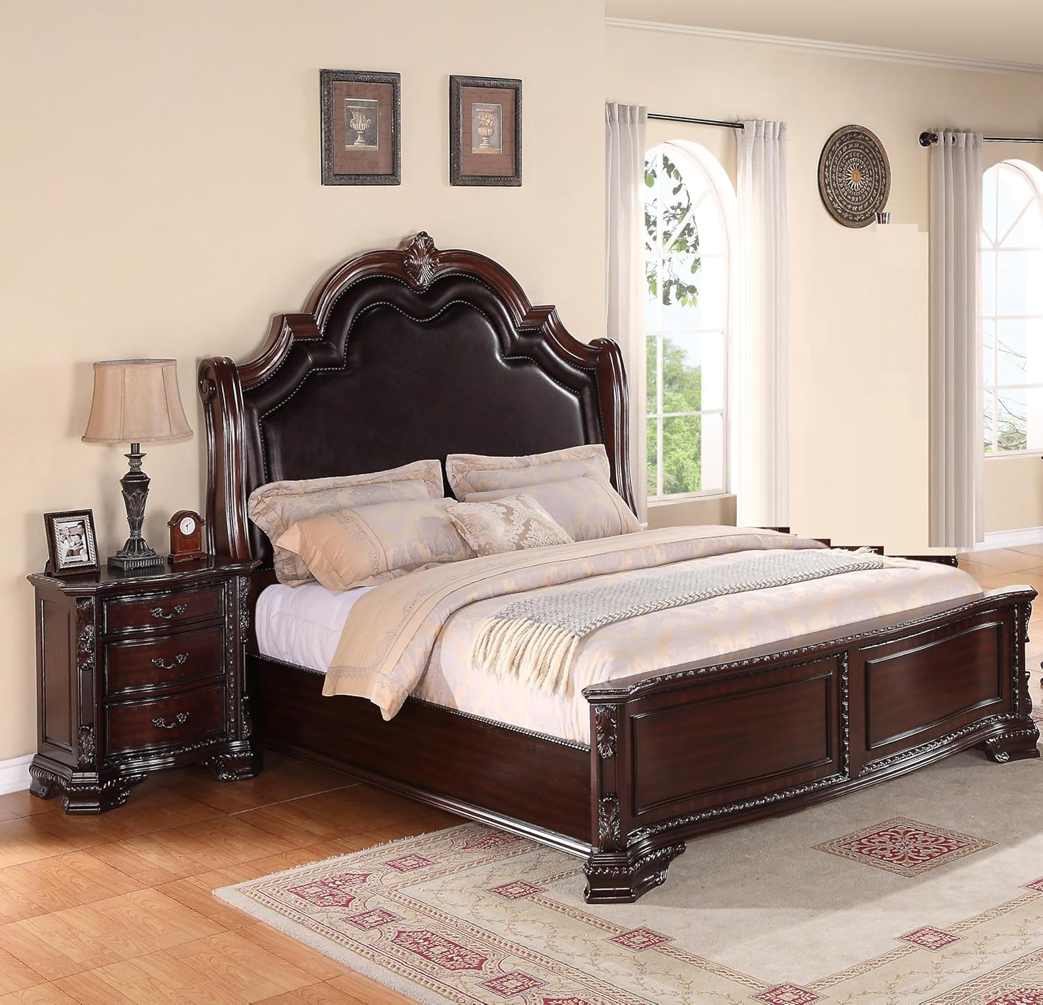 Traditional 3pc Set King Size Faux Leather Upholstery Panel Bed 2X Nightstand Set Cherry Finish Solid Wood Formal Classic Vintage Bedroom Furniture