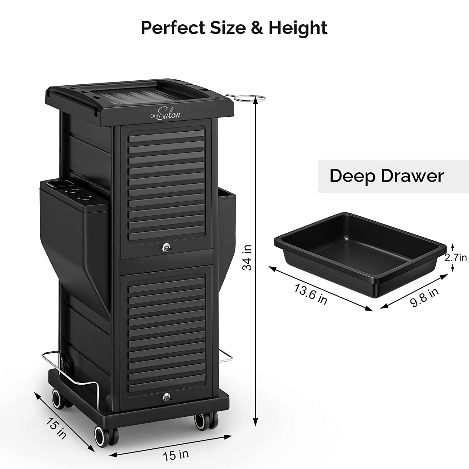 OmySalon Salon Trolley with Lock 6 Drawers, Hot Tools Holder, Hair Cart Organizer w/Wheels, Salon Rolling Cart for Barber Hairdresser Cosmetology Lockable Stylist Storage Station