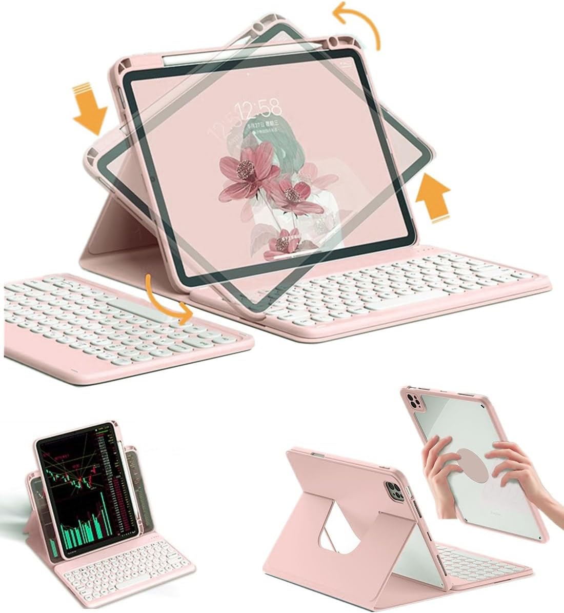 Rotatable iPad 10.2 '' 7th/ 8th/ 9th Generation Keyboard case Magnet Detachable Transparent Back Cover iPad7 8 9 Bluetooth Keyboard with Pencil Holder Horizontal/Vertical Stand (Pink)