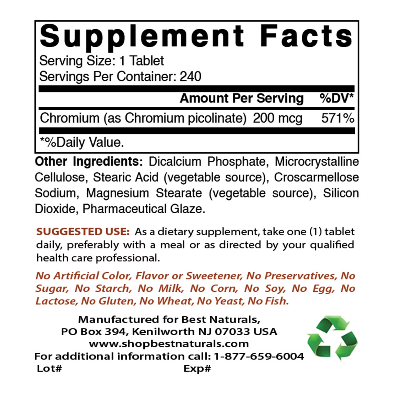 3 Pack Best Naturals Chromium Picolinate 200 mcg 240 Tablets