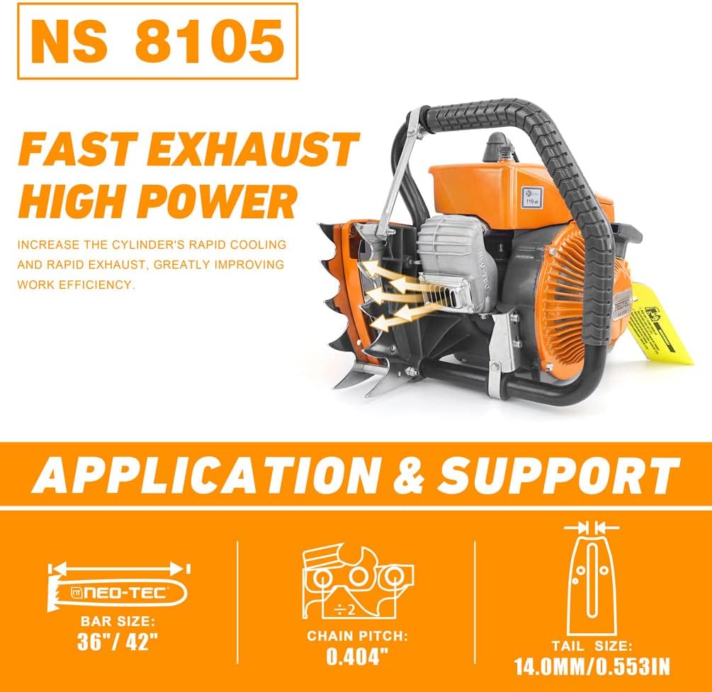 NEO-TEC NS8105 36 inch Gas Chainsaw with Guide Bar Chain,2-Cycle Power Head 105cc Power Chain Saw 4.8KW 6.5HP Gasoline Chainsaws,All Parts Compatible with G070 070 090