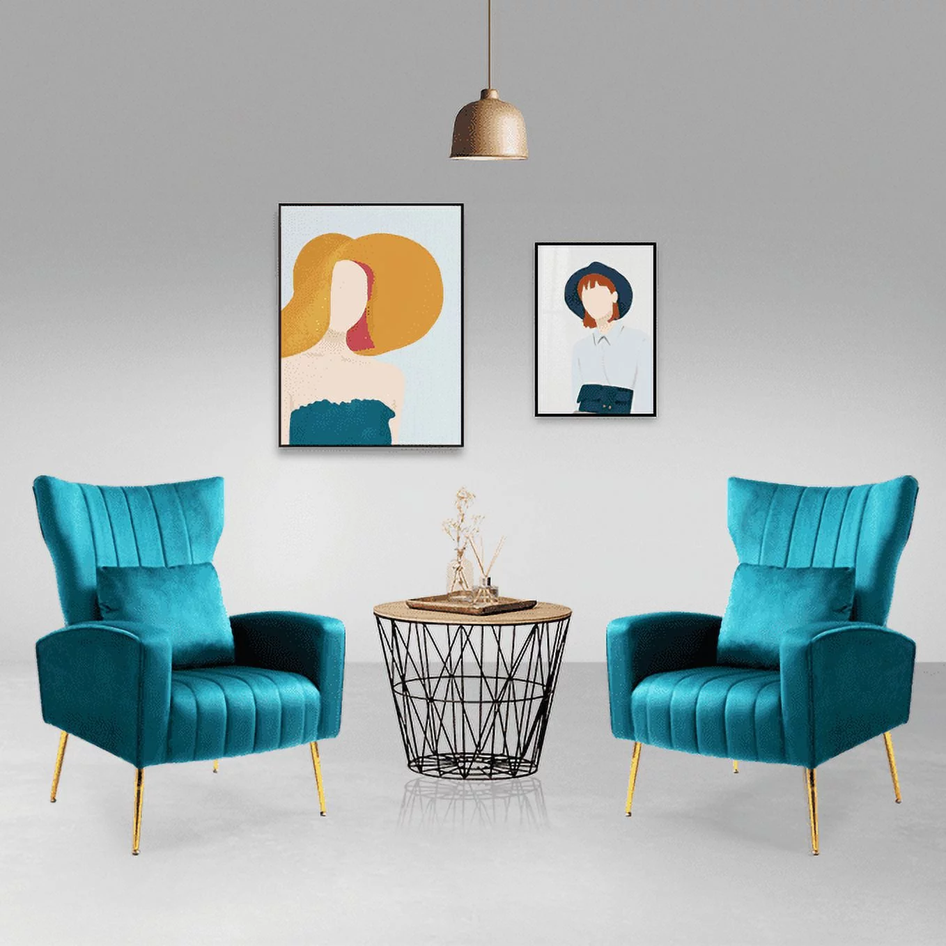 Newnno Living Room Chairs Set of 2 with Lumbar Pillow, Velvet Accent Chair with High Back Mid Century Armchair for Bedroom with Armrest, Arm Chair with Golden Metal Legs, Blue Teal