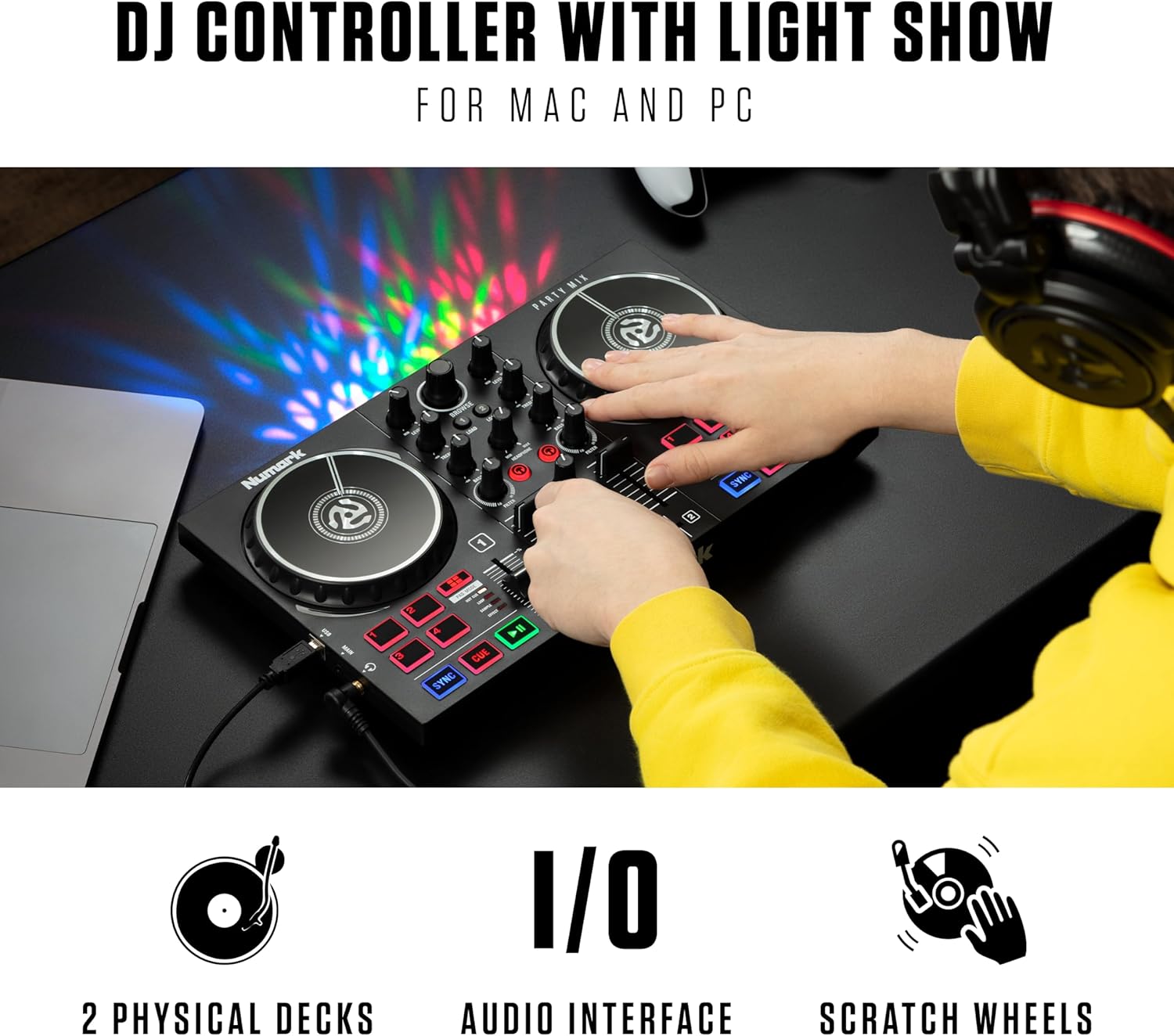 Complete DJ Equipment Package - Numark Party Mix 2 DJ Controller with Party Lights, M-Audio BX3 3.5 Inch DJ Speakers, and Serato DJ Lite
