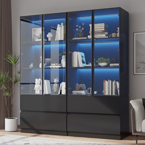 Glass Display Cabinet, Display Case Cabinet with LED Lights, Display Cabinet with Glass Door, Curio Cabinet with 3-Tier Shelves and 2 Drawers, Storage Cabinet for Living Room, Bedroom