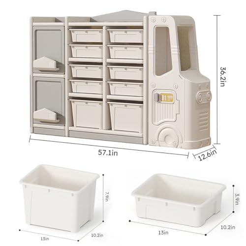 Toy Storage Organizer for Kids, Children Storage Cabinet Organizer for Books and Toys with 10 Bins 2 Cabinets 3 Shelves and Train Engine, Multipurpose Storage for Playroom Nursery Kindergarten
