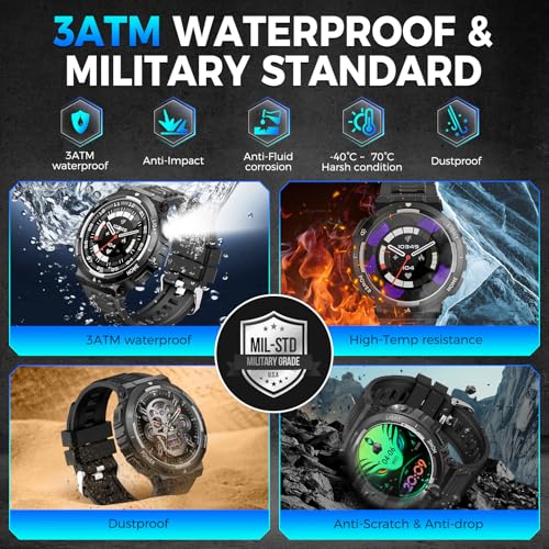 Military Smart Watch for Men(Answer/Make Calls) 1.53” Big Screen Rugged Smart Watch with LED Flashlight 3ATM Waterproof Tactical Smartwatch with 100+ Sports Modes Fitness Tracker Watch for iOS Android