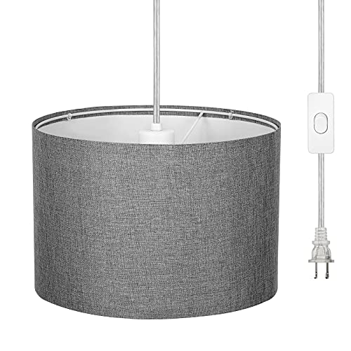 DEWENWILS Hanging Pendant Light with Plug in Cord, Plug in Wall Light with 15Ft Cord, On/Off Switch, White Fabric Lamp Shade, Hanging Light Fixture for Bedroom, Kitchen, Living Room, Dining Table