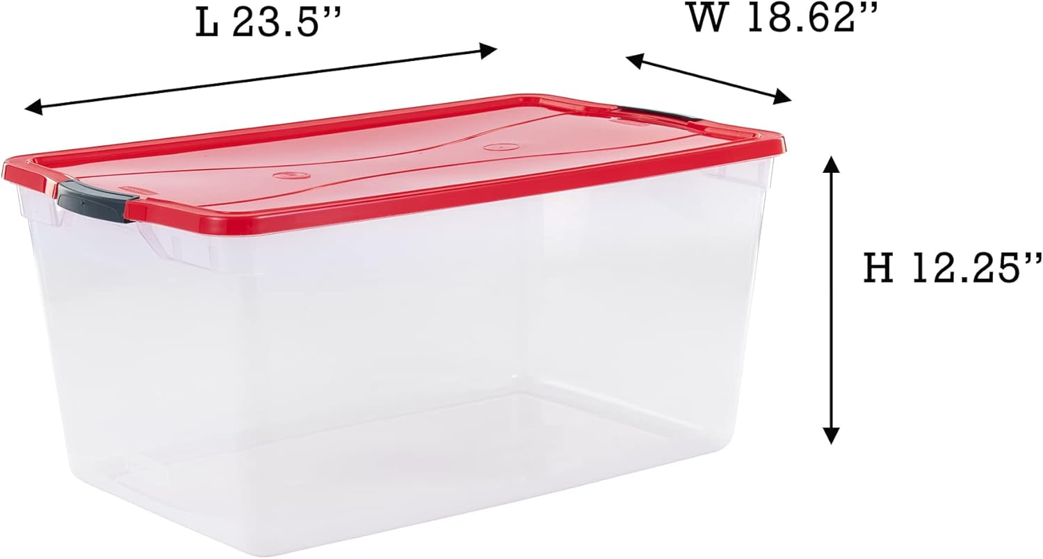 Rubbermaid Cleverstore Clear 71 QT Pack of 4 Holiday Storage Containers, Great for Holiday Decorations, Stackable, Large Capacity, Durable Latching Lids, Clear Bins, Red Lids/Green Handles