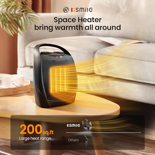 Kismile Small Electric Space Heater Ceramic Space Heater,Portable Heater Fan for Office with Adjustable Thermostat and Overheat Protection ETL Listed for Kitchen, 750W/1500W(Black)