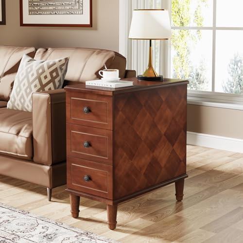 Fully Assembled End Table, Narrow Side Table with 3 Drawers, Pre-Assembled Nightstand Slim Bedside Table for Small Spaces, Living Room, Bedroom, Brown