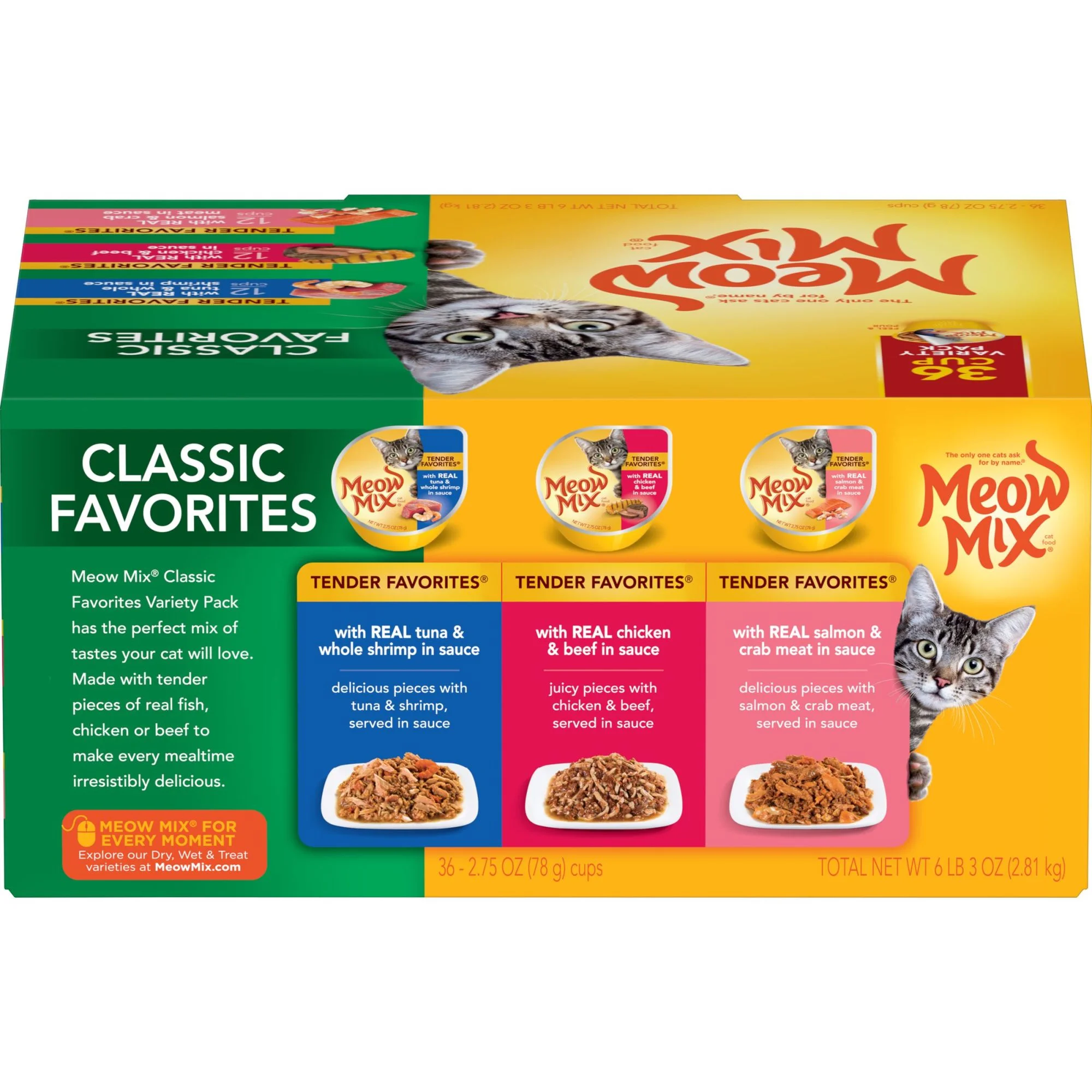 Meow Mix Classic Favorites Beef, Chicken, Tuna, Shrimp, Crab & Salmon Flavor Gravy Wet Cat Food, 2.75 oz. Cups (36 Count)