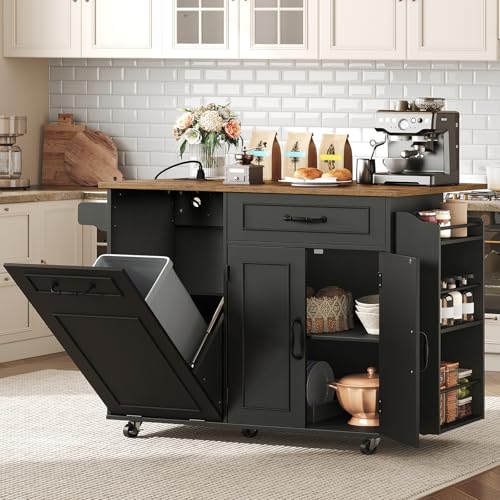 Kitchen Island with Power Outlet & Drop Leaf, Mobile Rolling Cart with Trash Can Storage, 3-Tier Spice Rack,Island Table for Kitchen, Dining Room, White and Walnut