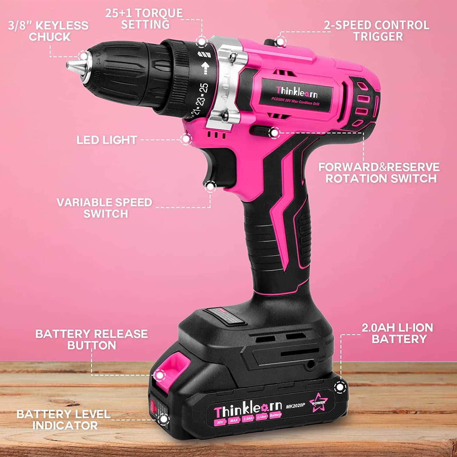 Thinklearn Pink Cordless Drill Set 20V Lithium-ion Power Drill Set for Women with 67Pcs Drill Driver Bits - Shop Hardware Tools Online Store