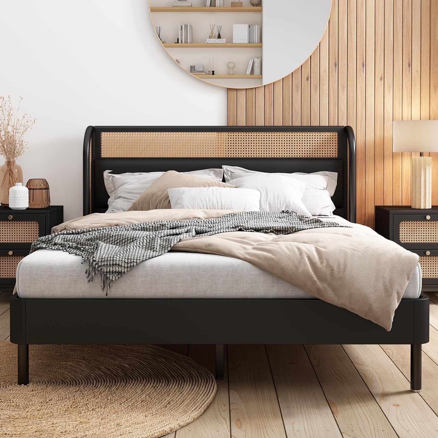 Rattan Platform Bed Queen Size with Wingback Headboard, Mattress Foundation w/Strong Wooden Slats, Modern Queen Bed Frame No Box Spring Needed, No Noise