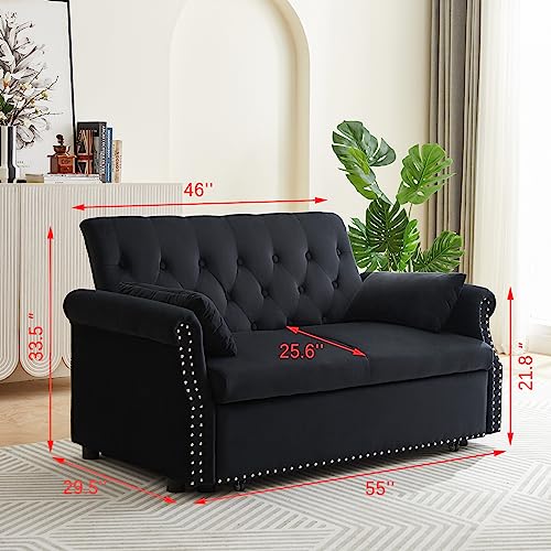 3 in 1 Convertible Sofa Bed with 2 Lumbar Pillows, Velvet Upholstered Sleeper Recliner Sofa Couch with Detachable Armrest, Multifunctional Pull Out Couch for Living Room, Bedroom, Office, Black