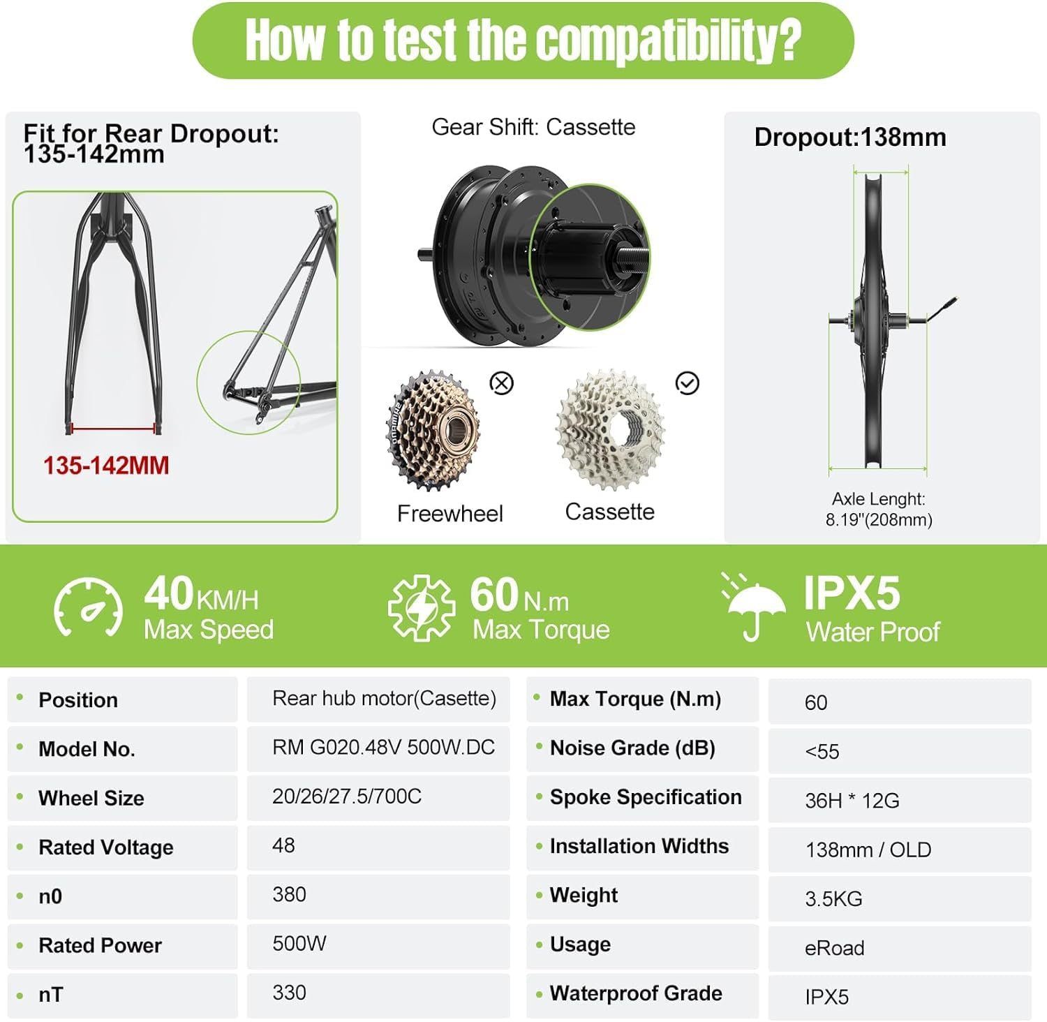 BAFANG 48V 500W Rear Hub Motor Kit Electric Bicycle Conversion Kit for Bikes 26