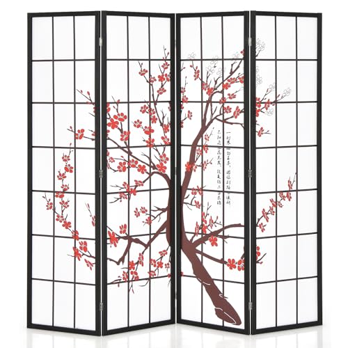 Giantex Room Divider, 4 Panel 6FT Room Dividers, Folding Privacy Screen, Oriental Shoji Screen for Room Separation, Portable Freestanding Japanese Wall Partition with Plum Blossom Design, White
