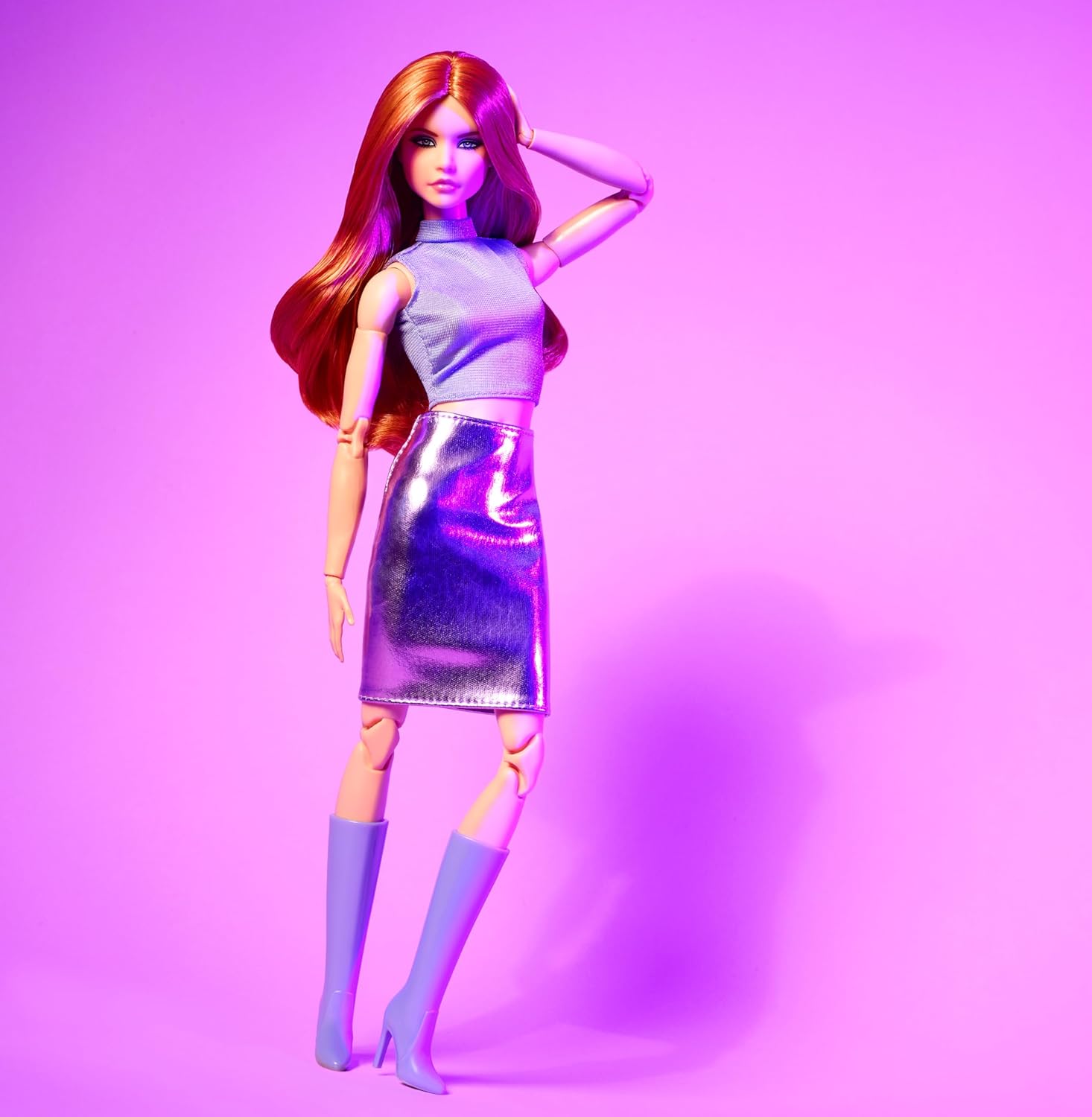 Barbie Looks Doll, Collectible No. 20 with Red Hair & Modern Y2K Fashion, Lavender Top & Faux-Leather Skirt with Knee-High Boots