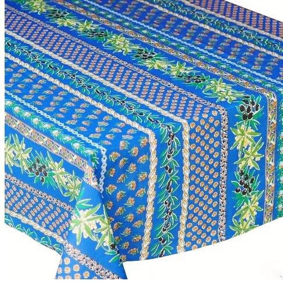 Le Cluny Olives and Mimosas Blue Coated Cotton Tablecloth 60 Inches x84 Inches