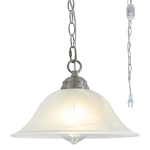 Traditional Plug in Pendant Light Fixture Alabaster Glass Shade, Black Hanging Lamp with Dimmable Switch,16.4Ft Cord & 14.7Ft Chain for Kitchen Sink Corner Nook