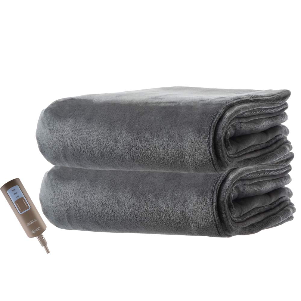 Sunbeam Premium Soft Electric Heated Throw Blanket Velveteen Plush, Washable with 3 Heat Settings and Auto Shut-Off, (Steel Gray)