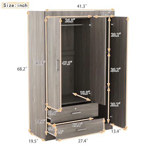 3 Doors Wardrobe Armoire with Mirror, Modern Wood Armoire Wardrobe Cabinet with Shelves & Hanging Rod, Bedroom Armoire Clothes Organizer (Gray-3G)
