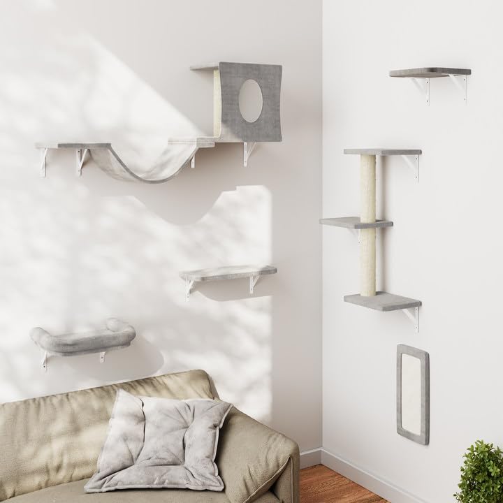 Wall Mounted Cat Furniture, 6pc Cat Wall Furniture, Cat Climber with Cat House, Bridge, Tree, Steps, and Scratcher, DIY Cat Walls Playground, Cat Shelves for Indoor Wall Furniture Set - Grey