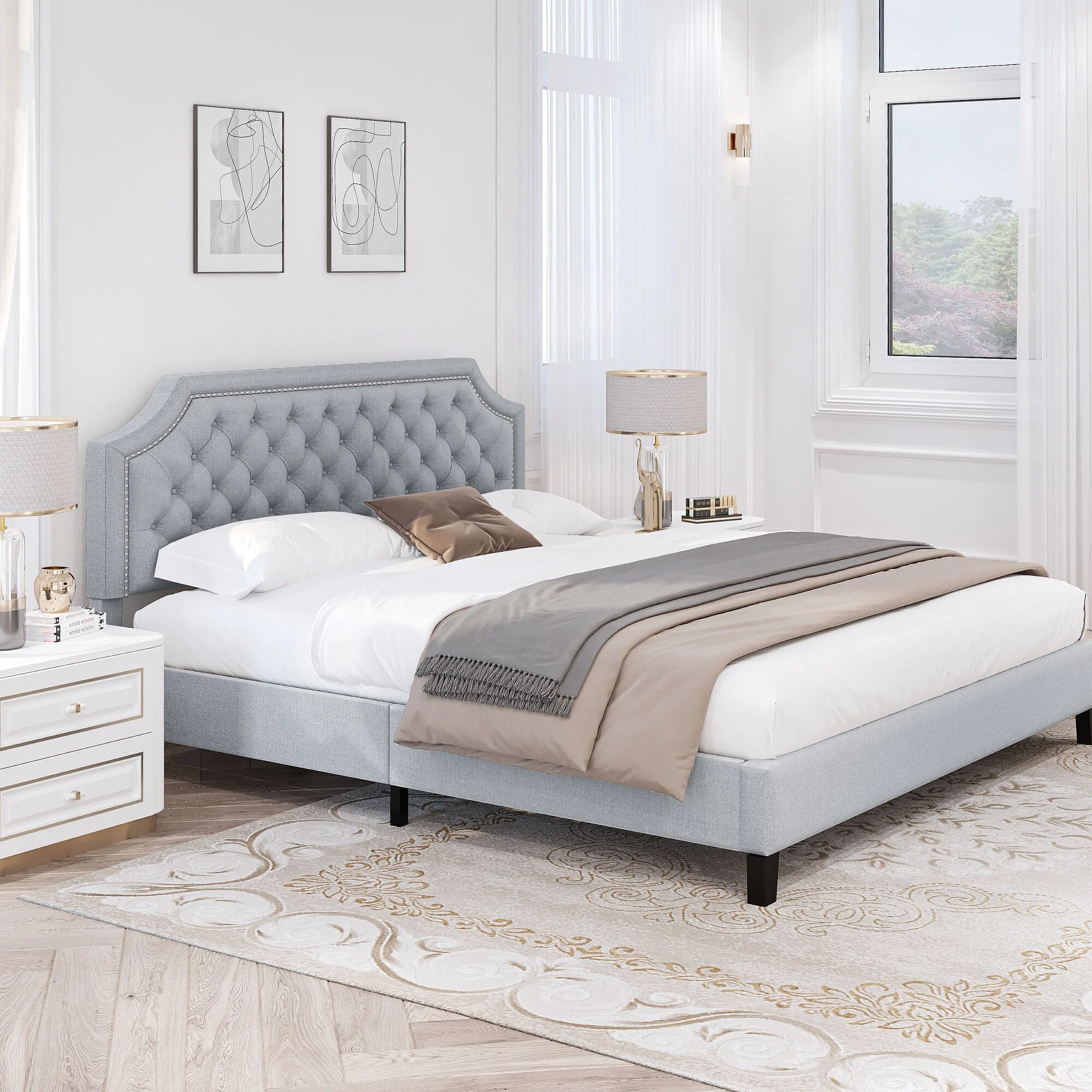 WedealFu Inc Moasis Upholstered Tufted Bed Frame with Adjustable Height Headboard (Full/Queen/King) Grey - Full
