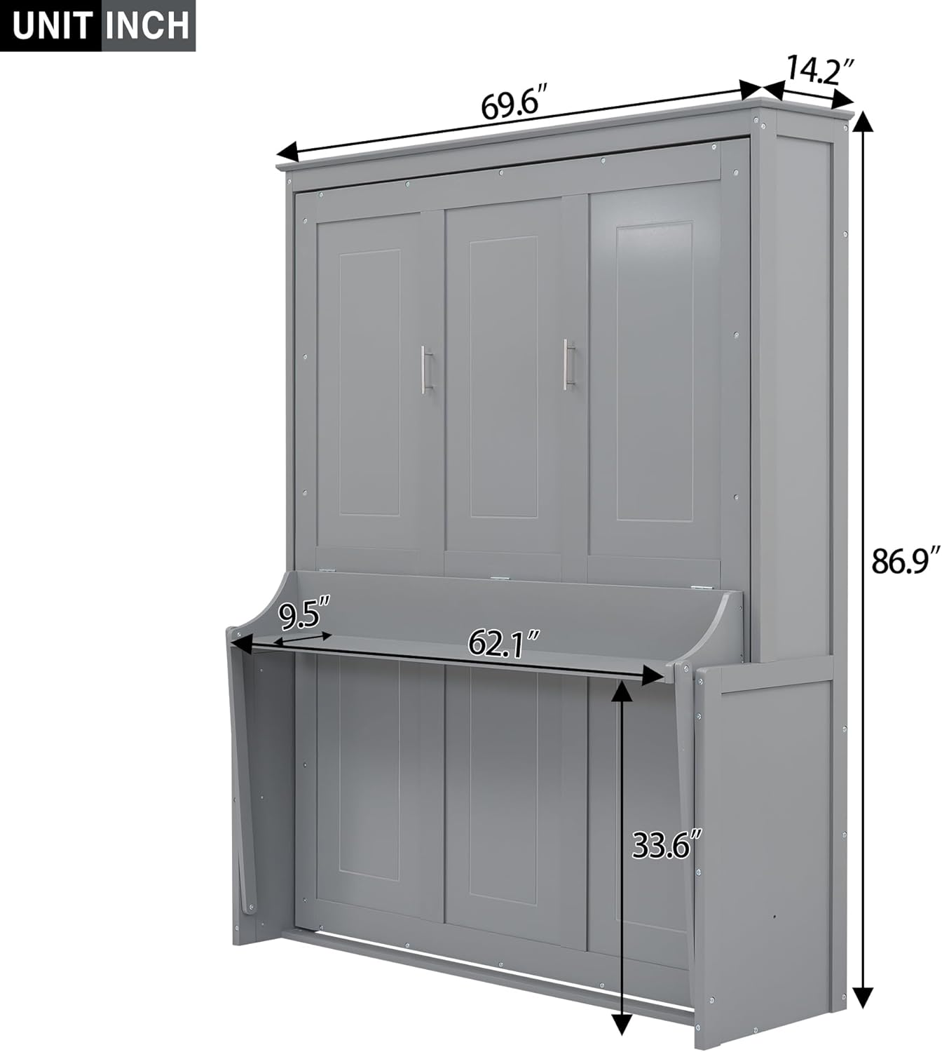Queen Murphy Bed with a Shelf, Space-Saving Wall Bed for Guest Room or Home Office, Gray
