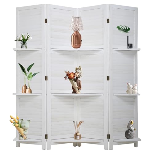Room Divider 4 Panel Folding Wood 5.6 Ft Tall Privacy Screen Dividers Wall with Three Shelves Portable Partition (White)