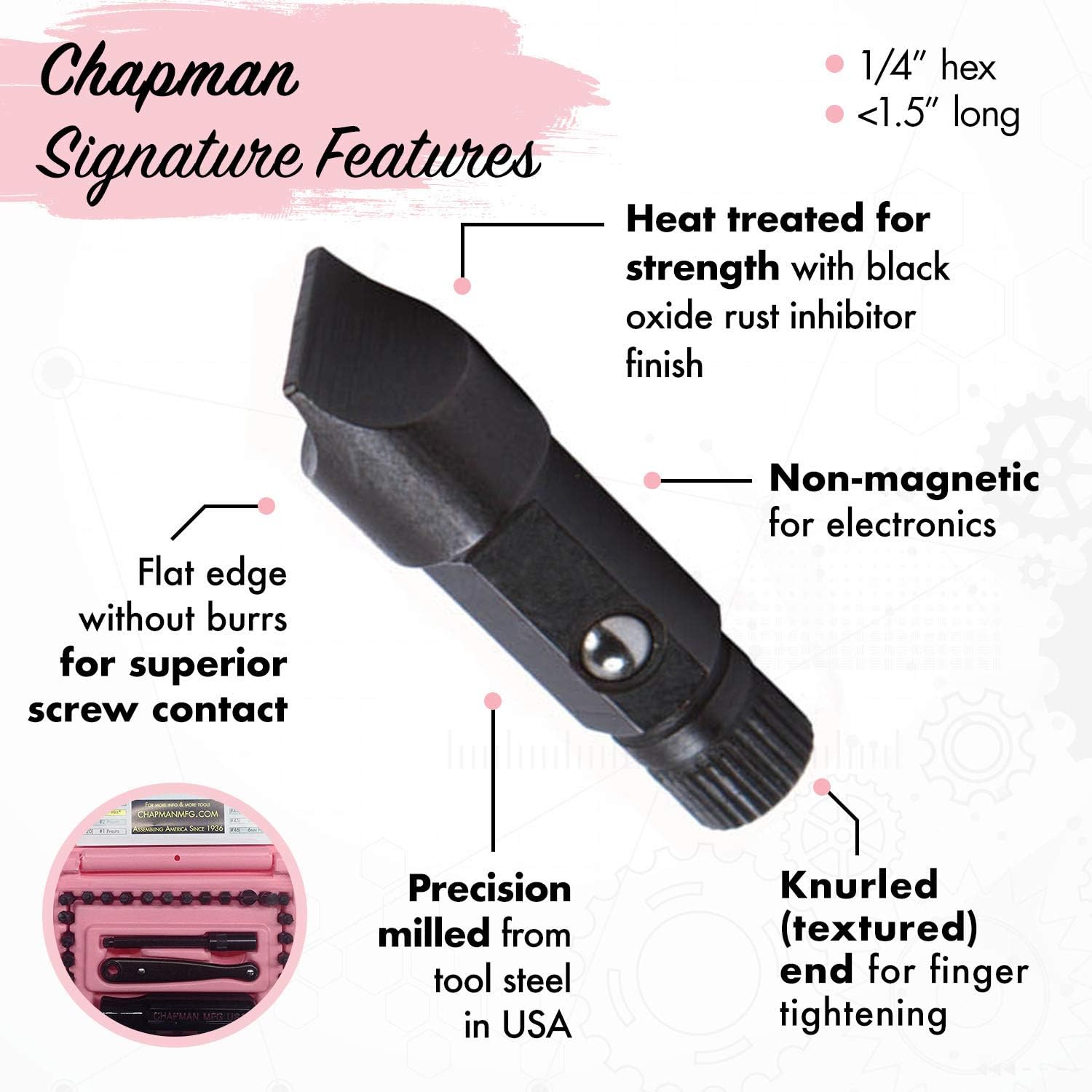 Chapman MFG 7331 All-Purpose Standard Screwdriver Set - Includes Phillips, SAE Allen Hex & Slotted/Flathead Bits - Complete Set Offers 24 USA Made Insert Bits + Mini Ratchet Hand Tool (Yellow Case)