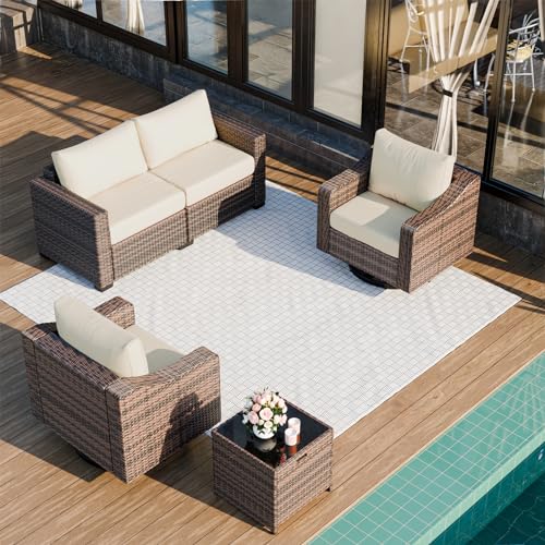 Outdoor Patio Furniture Set,6 Pieces Heavy Duty Wicker Patio Furniture with Fire Pit Table, Larger Seat Soft Cushion, Patio Conversation Set with Swivel Chair for Porch,Deck,Backyard,Grey