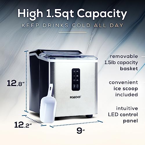 Igloo Electric Countertop Ice Maker Machine - Automatic and Portable - 33 Pounds in 24 Hours - Icecube Maker - Plastic Scoop and Basket - Ideal for Iced Coffee and Cocktails - Stainless Steel