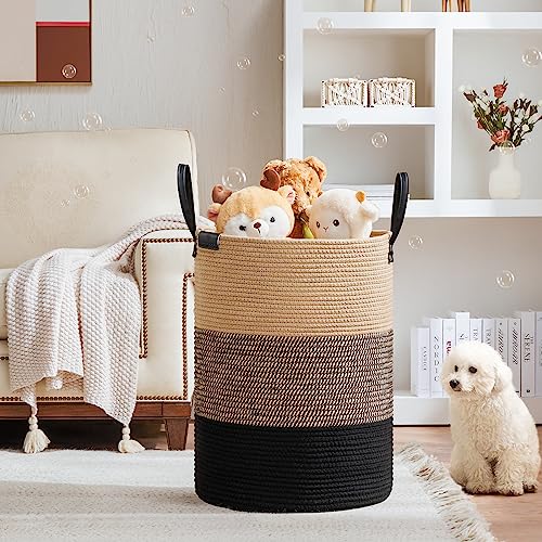 VIPOSCO Small Laundry Basket, Slim Baby Hamper with Leather Handle, Cute Woven Rope Storage Basket for Blanket, Kids Toy, Clothes In Living Room, Bathroom, Bedroom, Nursery Room - 30L Brown & White