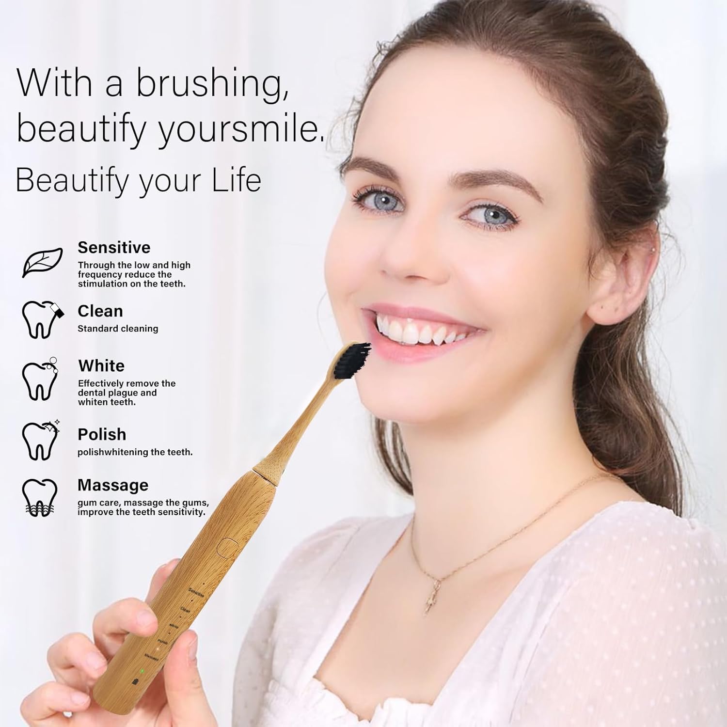 Bamboo Electric Toothbrush, 5 Cleaning Modes Sonic Toothbrush-Newly &Bamboo Electric Toothbrush Replacement Heads with Plant-Based Bristle Compatible with Philips Sonicare 4 Pack